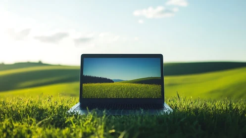 Laptop screen mirrors vivid green landscape in soft daylight.