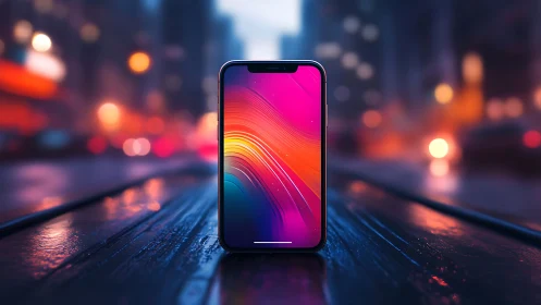 Modern Smartphone in Neon Light Surrounded by City Glow.