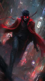 Mysterious red‑eyed wanderer in a neon soaked night city.