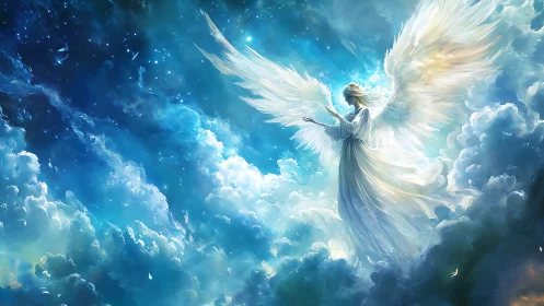 Celestial angelic figure rendered in luminous volumetric cloudscape