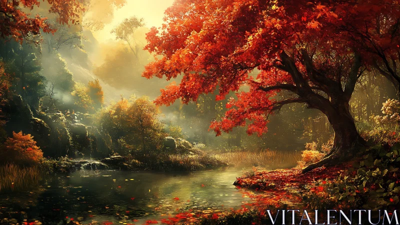 Digital autumn forest scene shows river under diffuse light