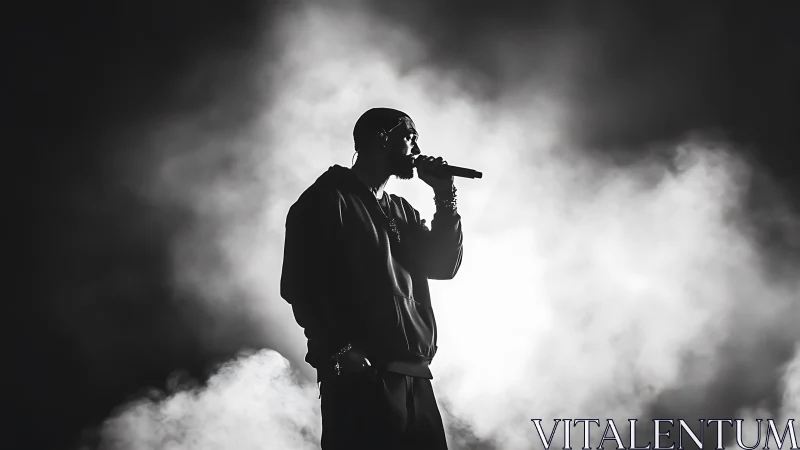 Monochrome stage portrait isolates a lone hip-hop vocalist in smoke