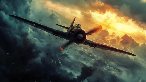 Wartime fighter plane cuts through storm clouds at sunset