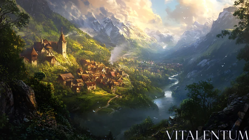 Sunlit medieval valley village overlooks winding river gorge