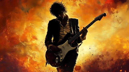 Silhouetted rock guitarist ignites a blazing abstract stage