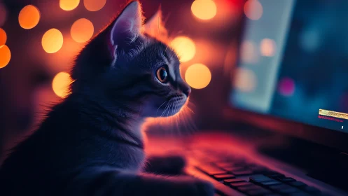 Black Cat Portrait with Neon Bokeh Lighting Effects.