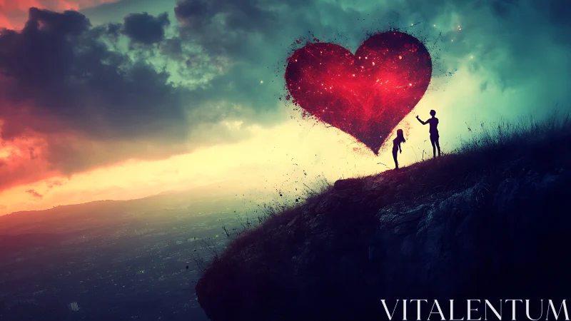 Love's Radiant Climb: Figures Chase Luminous Heart Skyward.