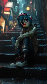 Melancholic street clown teen under neon city rain.