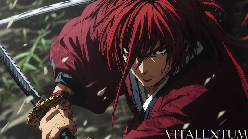 Fierce red haired swordsman ready for a dramatic showdown.