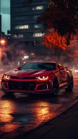 Red sports car glows on rainy neon city streets at dusk.