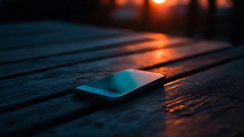 Smartphone Glows Amid Sunset Wooden Bench.