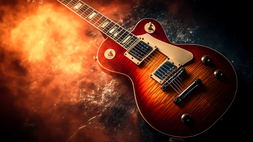 Sunburst electric guitar glowing in warm stage light.