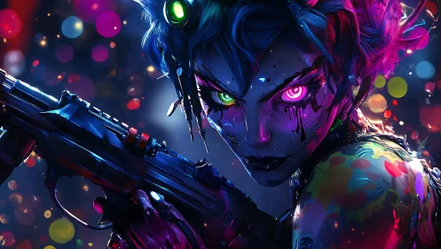 Neon cyberpunk sniper with glowing eyes and rifle poised.