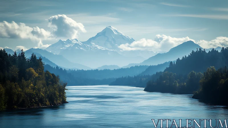 Snowy mountain above calm river and forested valley.