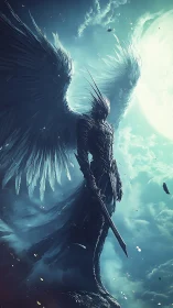 Celestial warrior angel rises through stormlit teal skies.