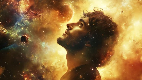 Stargazing silhouette within radiant cosmic nebula clouds.