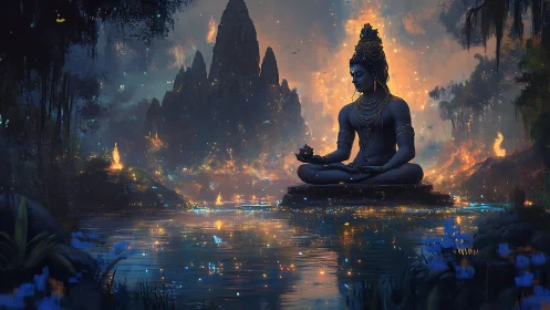 Seated deity statue by reflective water amid luminous fires.