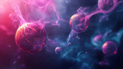 Glowing cosmic bubbles drifting through a dreamy nebula.