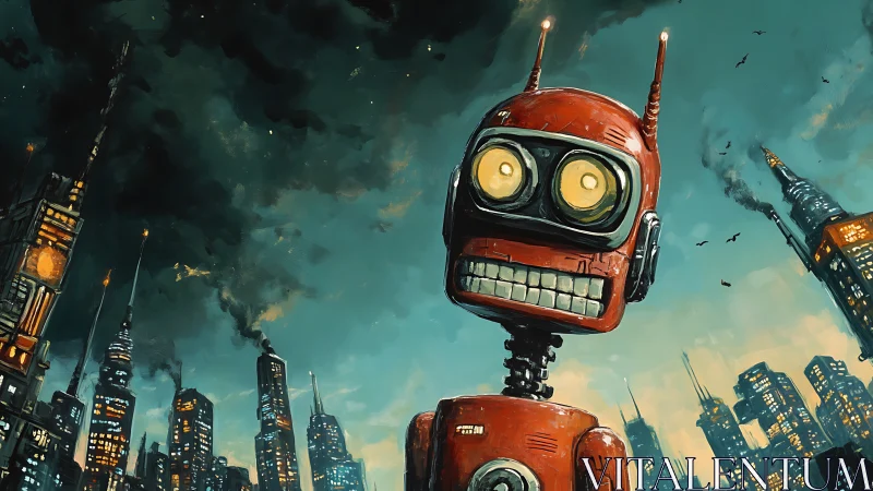Red robot figure in dense futuristic cityscape at dusk.