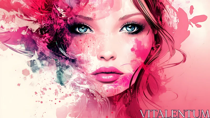 Pink digital portrait of woman with vivid blue eyes focus