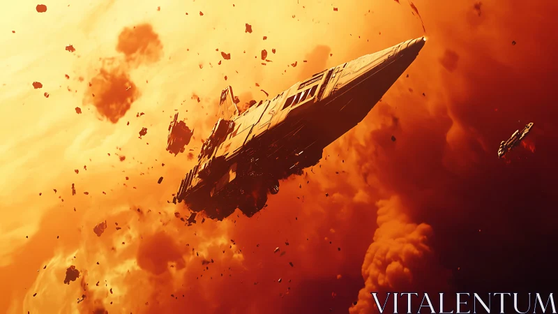 Massive starship drifts through blazing orange nebula wreckage