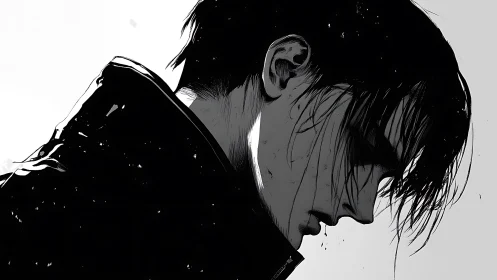 Quietly brooding profile of a lone, rain-soaked soul.