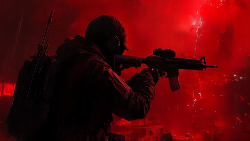 Crimson storm sniper locked in a neon-lit battlefield hush.