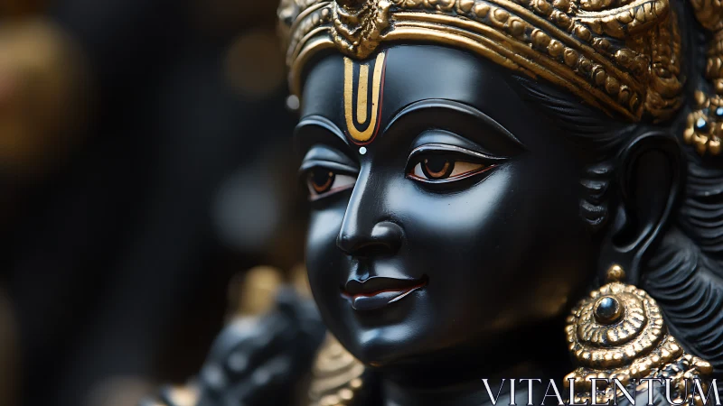 Photorealistic close-up of ornate black stone deity sculpture.