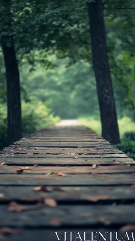 Leaf-dusted wooden path dissolving into forest hush.