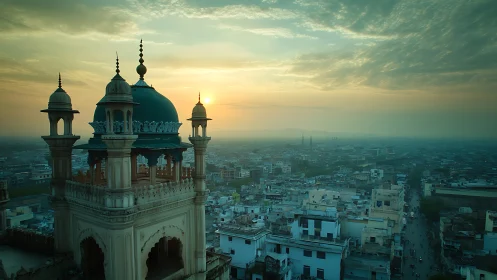 Sunset glow over a serene domed tower and quiet cityscape.