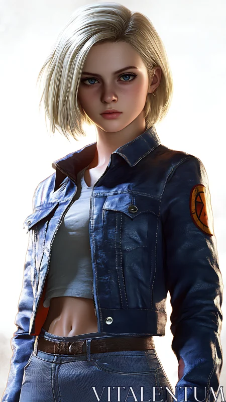 Hyper-detailed blonde heroine in worn blue leather jacket portrait