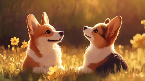 Sunlit corgi friends sharing a golden meadow moment.