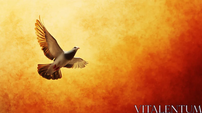 Dove in radiant flight against glowing orange sky plane.