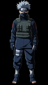 Masked silver-haired ninja in tactical vest on black ground.