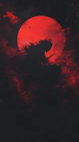 Blood-red eclipse crowns a lone shadowed swordsman silhouette.