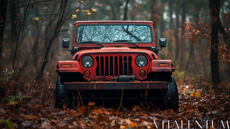 Red off-road utility vehicle in misty autumn forest track
