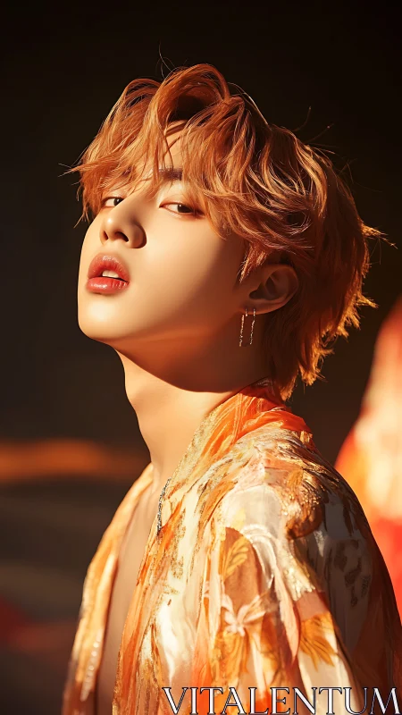 Stylized portrait of person in warm orange kimono robe.