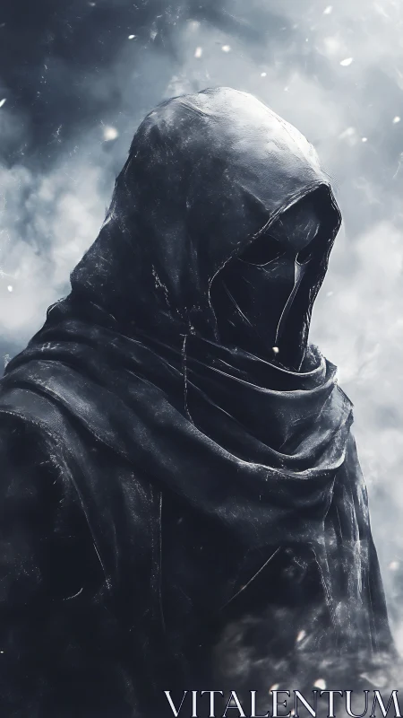 Hooded dark figure in swirling snow and mist portrait.