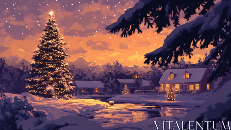 Snow-covered cottage landscape with illuminated Christmas trees