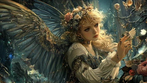 Gentle winged muse in a glowing underwater dreamscape.