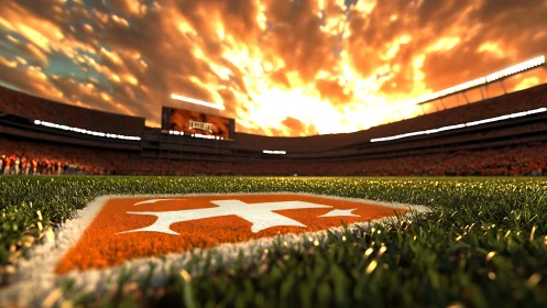 Sunlit football end zone logo under dramatic stadium sky.