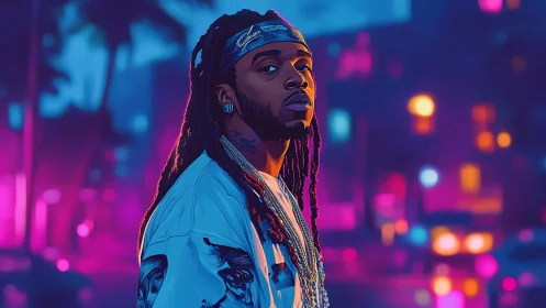 Neon-lit street portrait blends urban attitude and digital glow