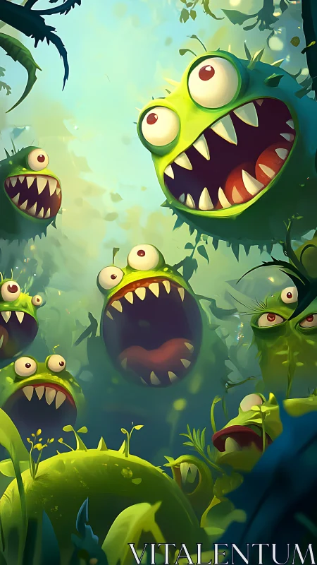 Cartoon jungle monsters scream among glowing green foliage.