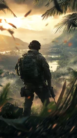 Lone recon soldier studies a sunlit jungle war horizon