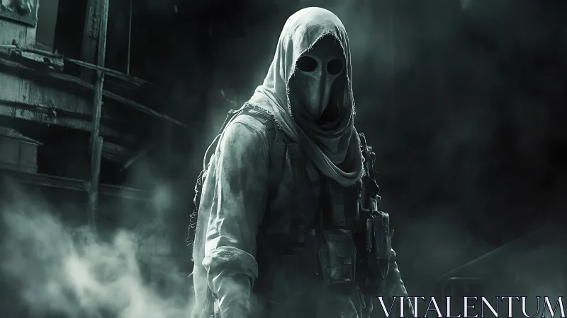 Hooded masked figure stands in fog within decayed structure