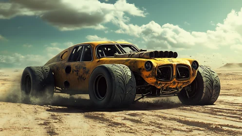 Roaring yellow desert racer storms across sunlit dunes