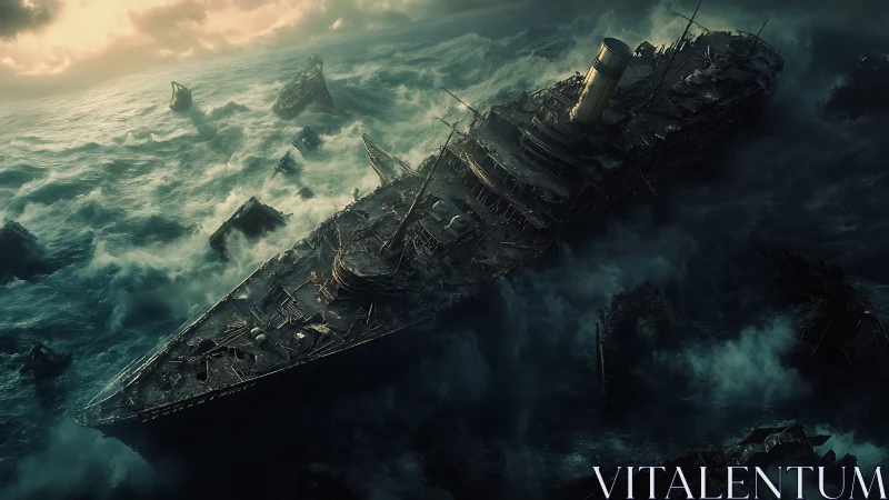 Decaying ocean liner drifts through storm-tossed wreckage seascape.
