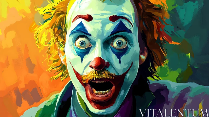Wild eyed clown erupts in neon chaos of swirling color.