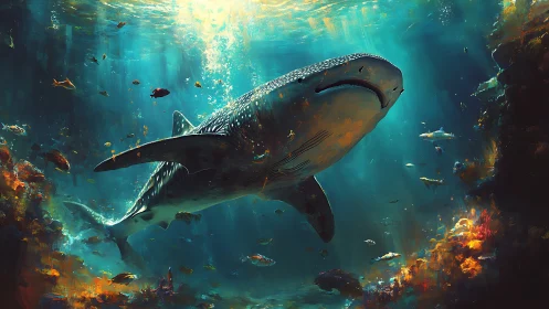 Whale shark glides through sunlit coral canyon seascape