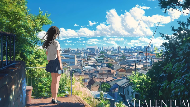 Girl overlooks sunlit suburban city under vivid blue sky.